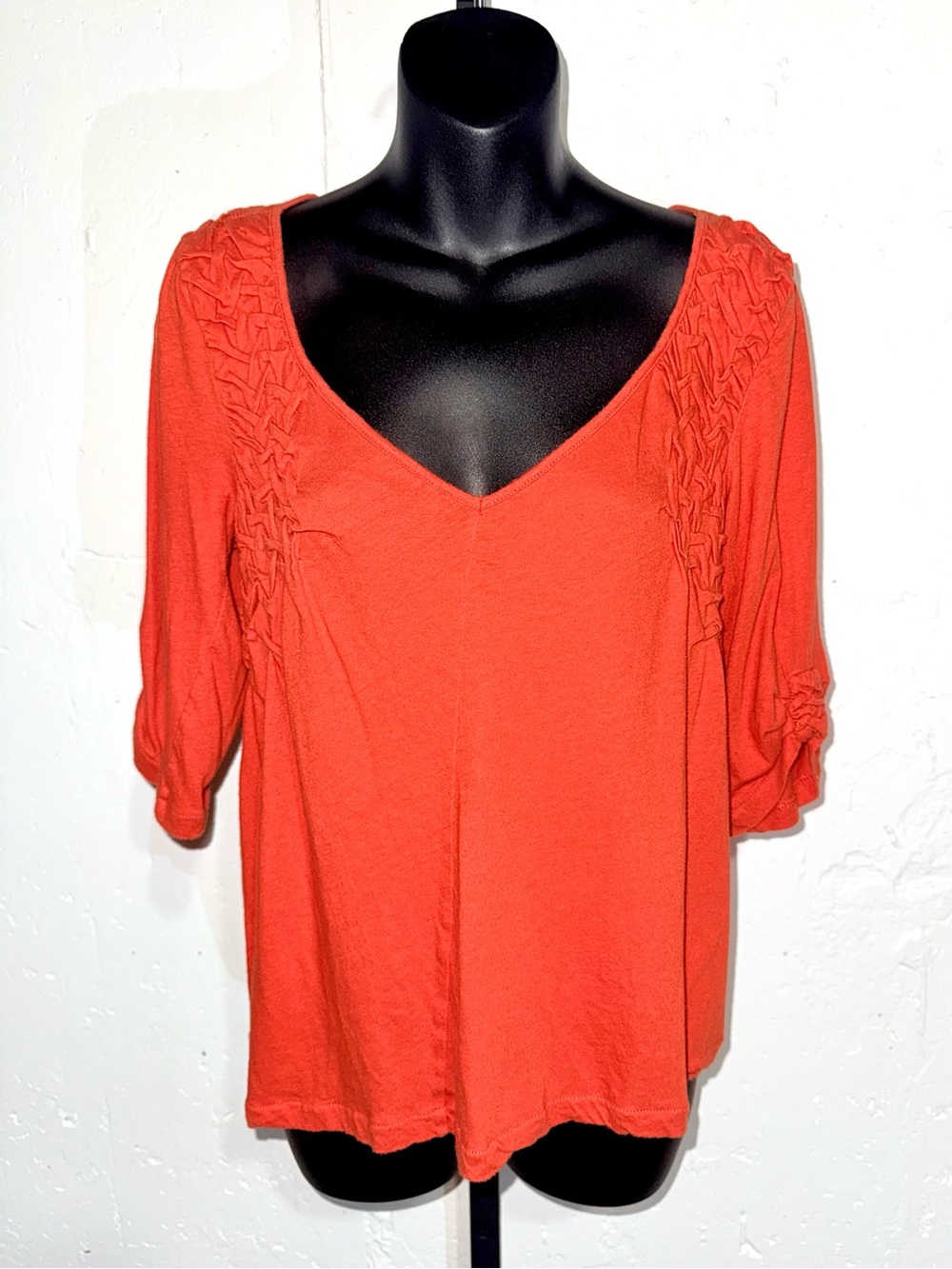 ETT Taia by by Anthropologie V-Neck Gathered Sleeve Top Orange/Red Sz Medium